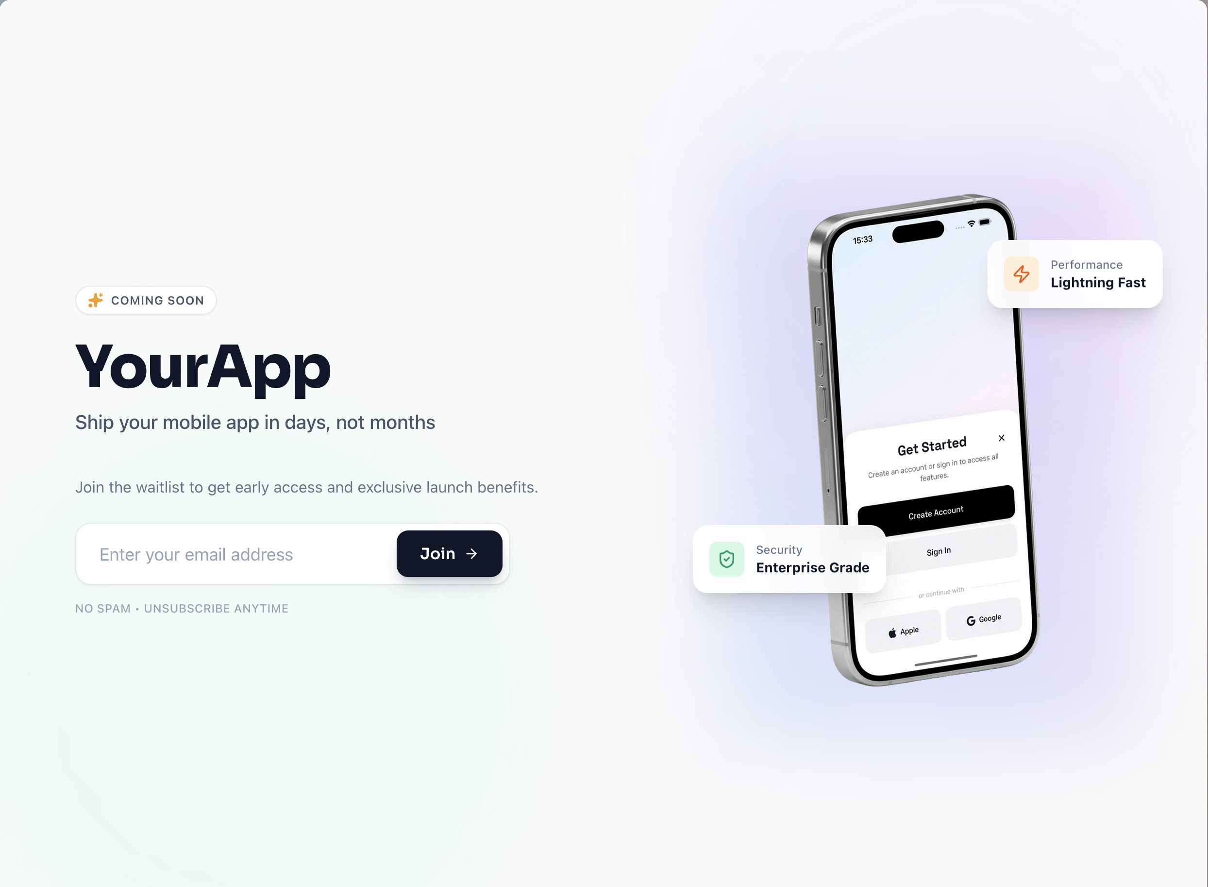 Waitlist mode landing page preview showing email signup form